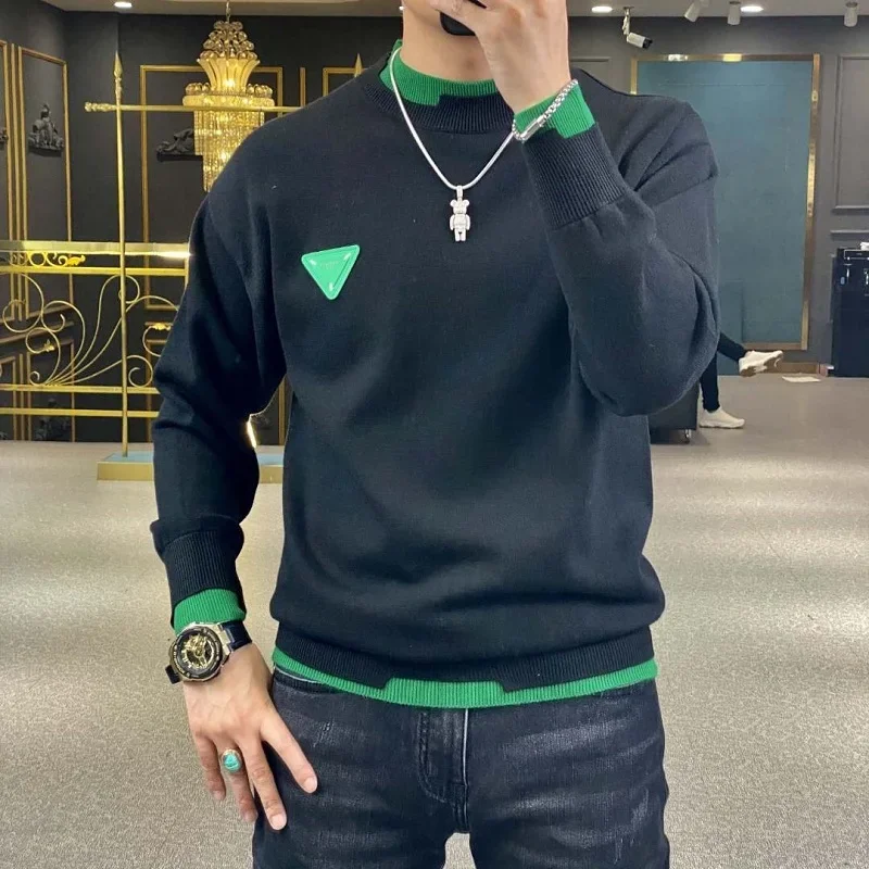 Men's Sweater Casual Long-sleeved Slim Knit Pullover Fashion Color Contrast O Collar Pullover Autumn and Winter Clothes