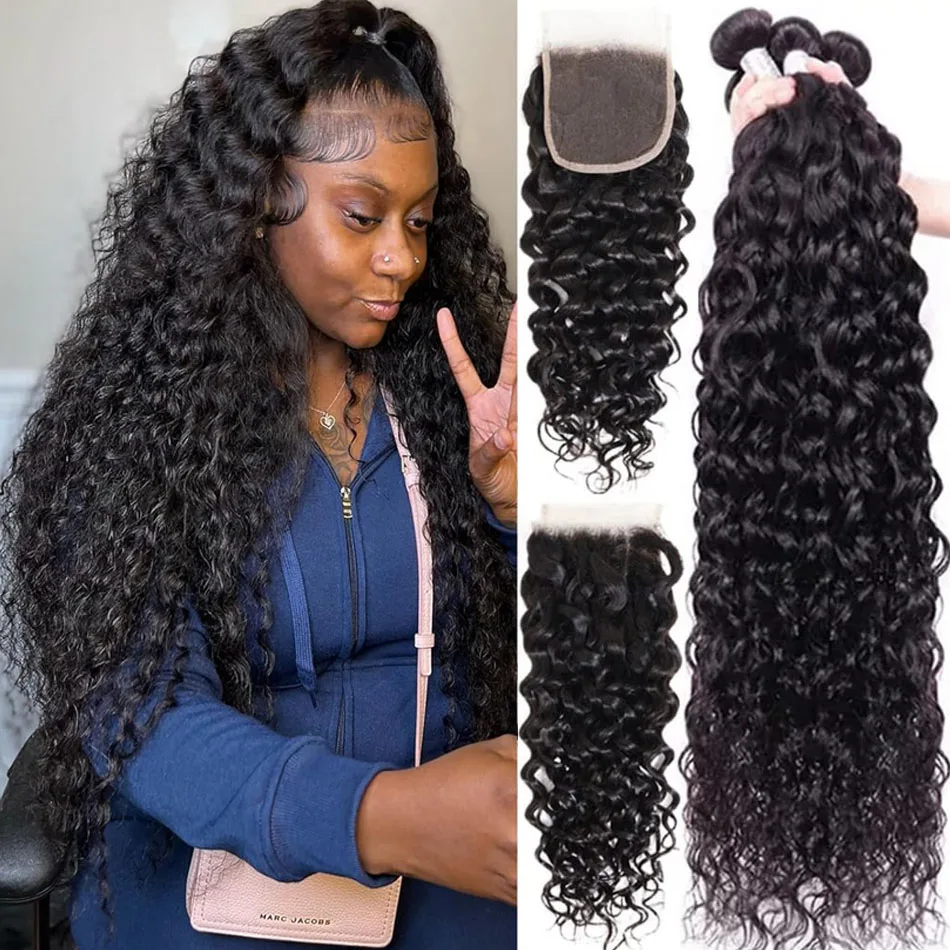 

Malaysian Water Wave Bundles With HD Lace Frontal Wet and Wavy Curly Human Hair Bundles With Closure Remy Hair Weave Extensions