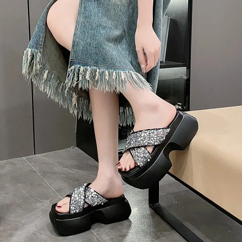 Silver Bling Casual Slippers 8cm Chunky Platform Gladiator Sandals Black Sequin Summer Shoes Women Heels Sandale Ete Femme 2024