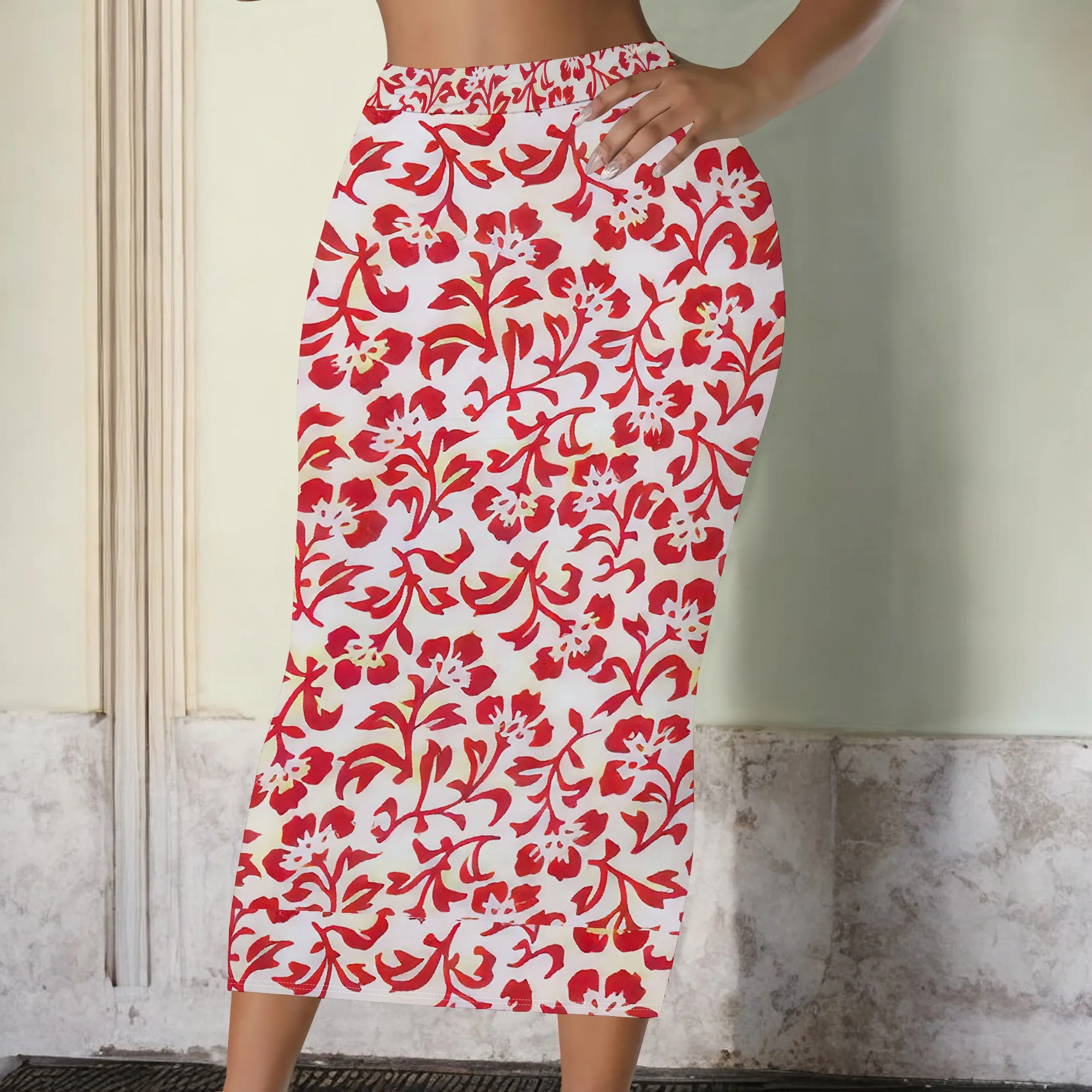 Red Floral Pencil Skirt, Vintage Print Midi Skirt, High Waist A-Line Skirt for Women, Summer Office Party Wear, S-2XL