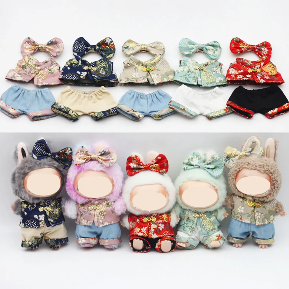 Chinese Style For 17cm Labubu Doll Clothes Fashion Vest Color Match Denim Shorts Doll Accessories Cute Decoration Little Clothes