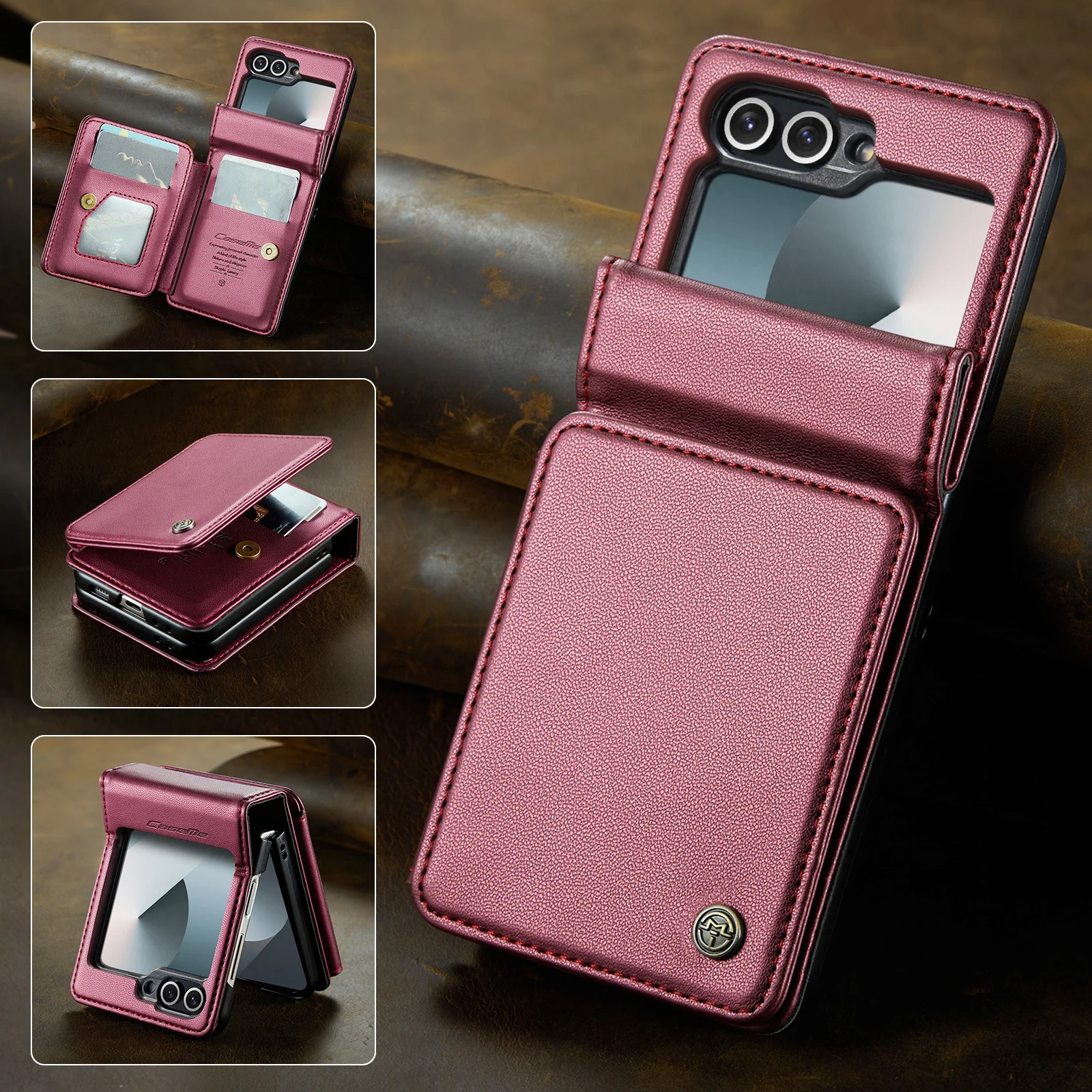 

CaseMe-C22 Wallet Case For Samsung Galaxy Z Flip6 / Z Flip7 FE , Shockproof Magnetic PU Leather Flip Card Cover Protective Skins