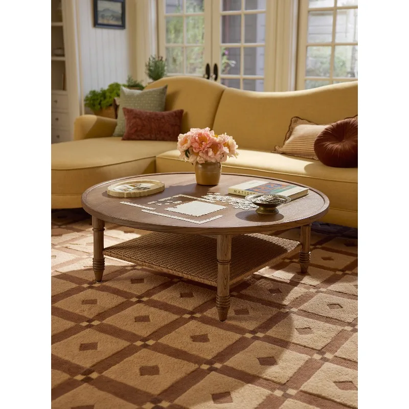 French retro solid wood rattan round coffee table small apartment home sofa edge few designer double-layer coffee table