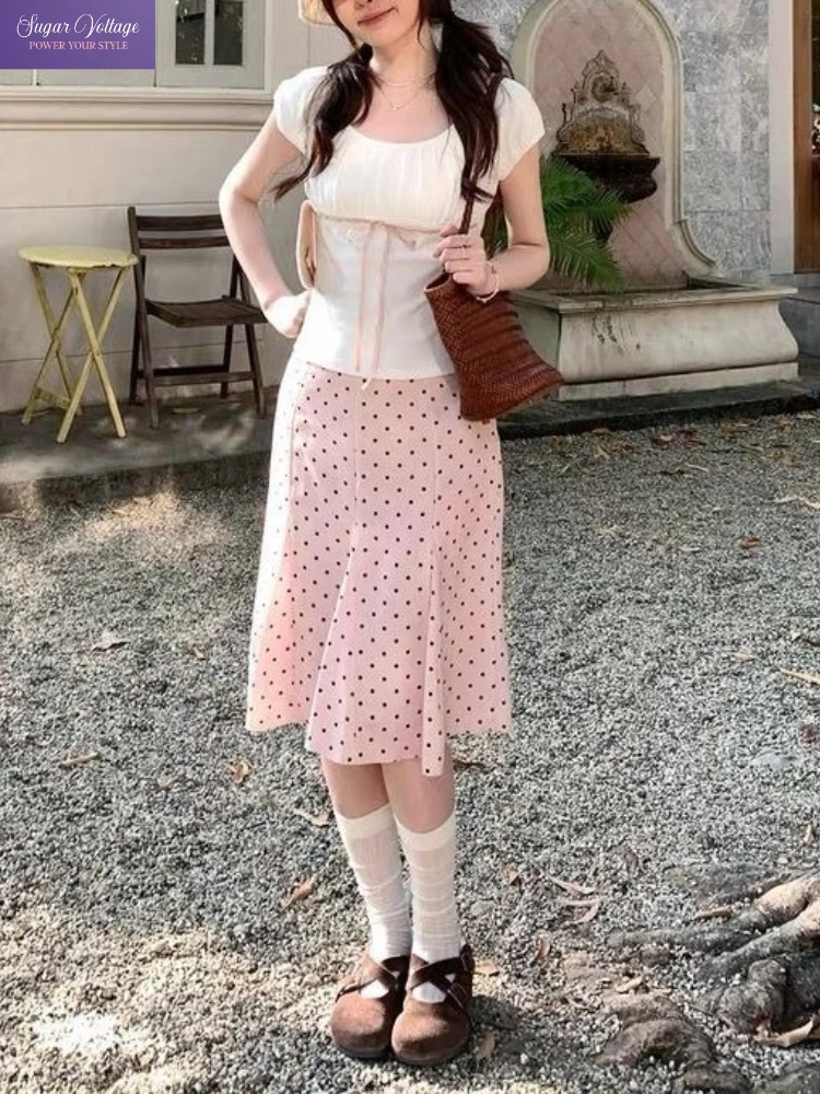 

Japanese Sweet Fresh 2 Piece Set Women Slim Bow Short Sleeve Top + Low Waist Pink Polka Dot Skirt Elegant Casual Fashion Outfit