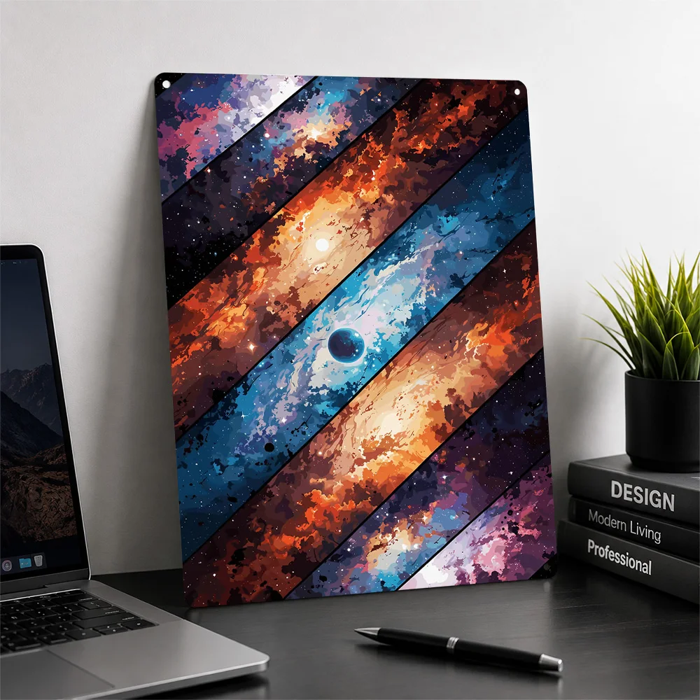Colorful Diagonal Space Galaxy Art Personalized 3D Textured Metal Poster Wall Art Vintage Tin Signs for Decor Room Bedroom Stuff