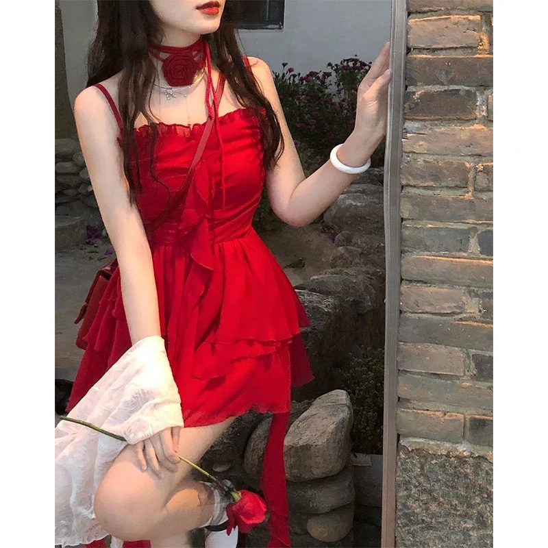 Vintage Ruffles Mini Dress Women Y2K Party Sexy Spaghetti Strap Red Dresses Summer Korean Irregular 