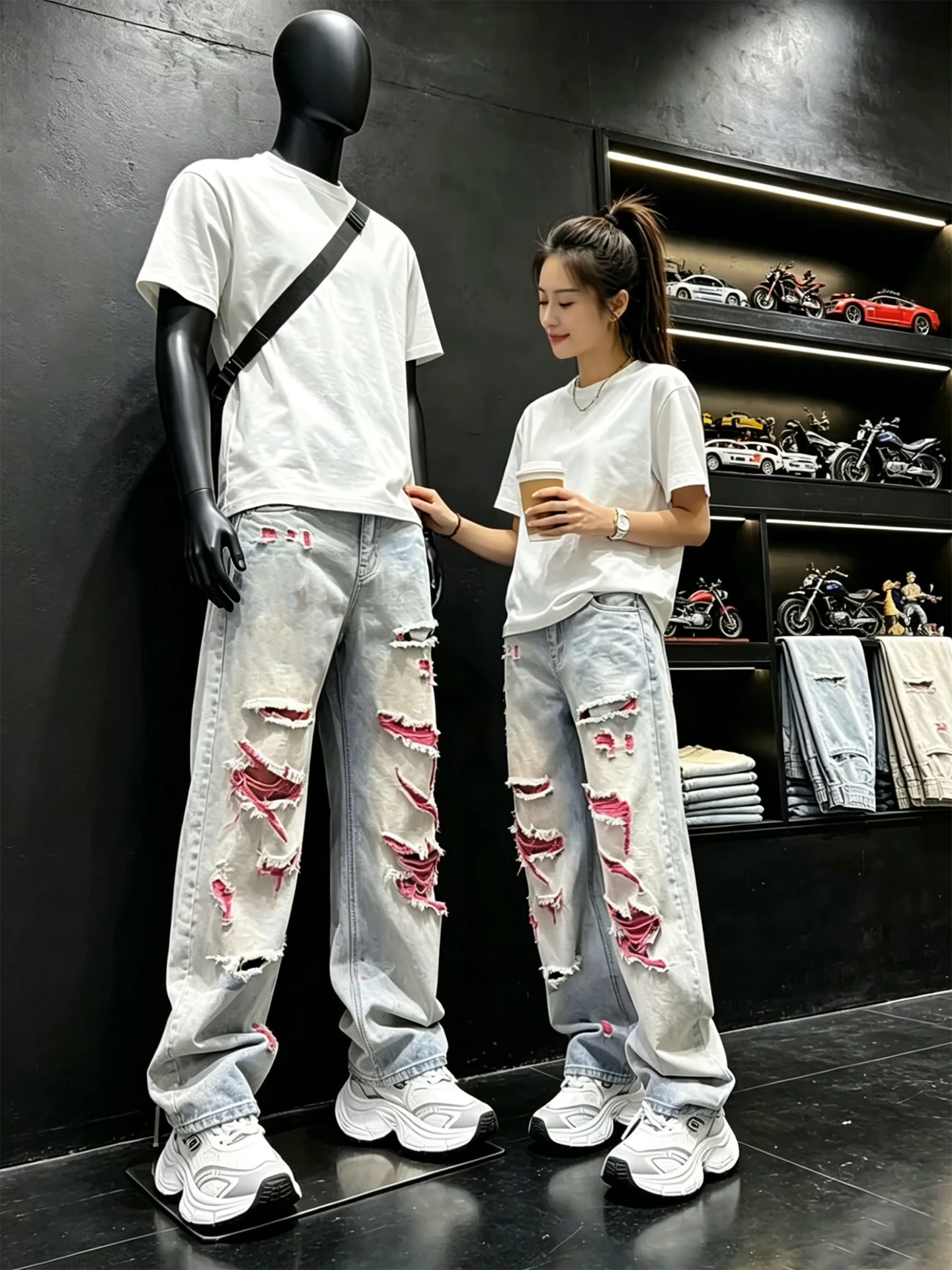 

American Retro Washed Ripped Denim Jeans Men's High Street Trendy Loose Straight Knife Pants Casual Straight Fit Jeans