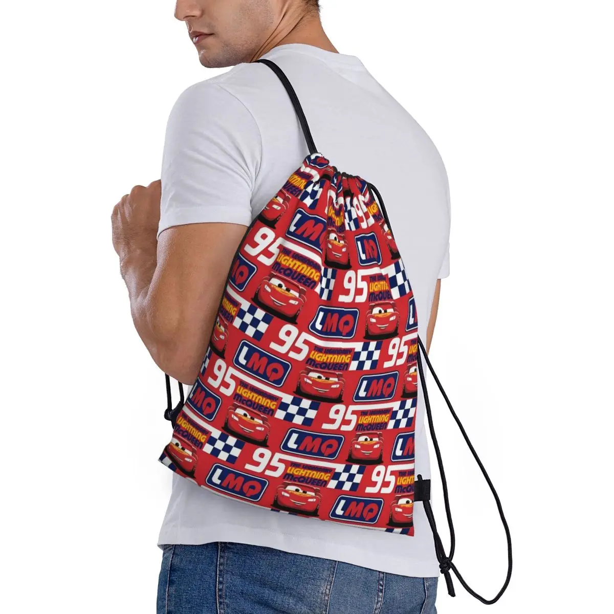 Bolsas con cordón personalizadas Lightning McQueen, mochilas portátiles para deportes de gimnasio para hombres y mujeres, mochilas de almacenamiento para entrenamiento de coche en stock ficticio