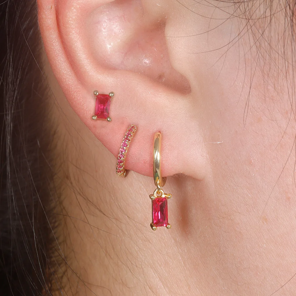 أقراط الزركون المستطيلة الجديدة عبر الحدود الأوروبية والأمريكية، أقراط الزركون الملونة المرصعة بشكل دقيق، مجموعة أقراط هندسية