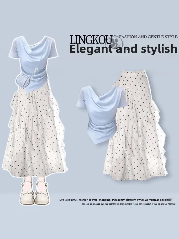 

Korean Style Summer Set Women's Sweet Anti-Aging Top Skirt Polka Dot Half-length High-waist Comfortable Fashionable Two-piece