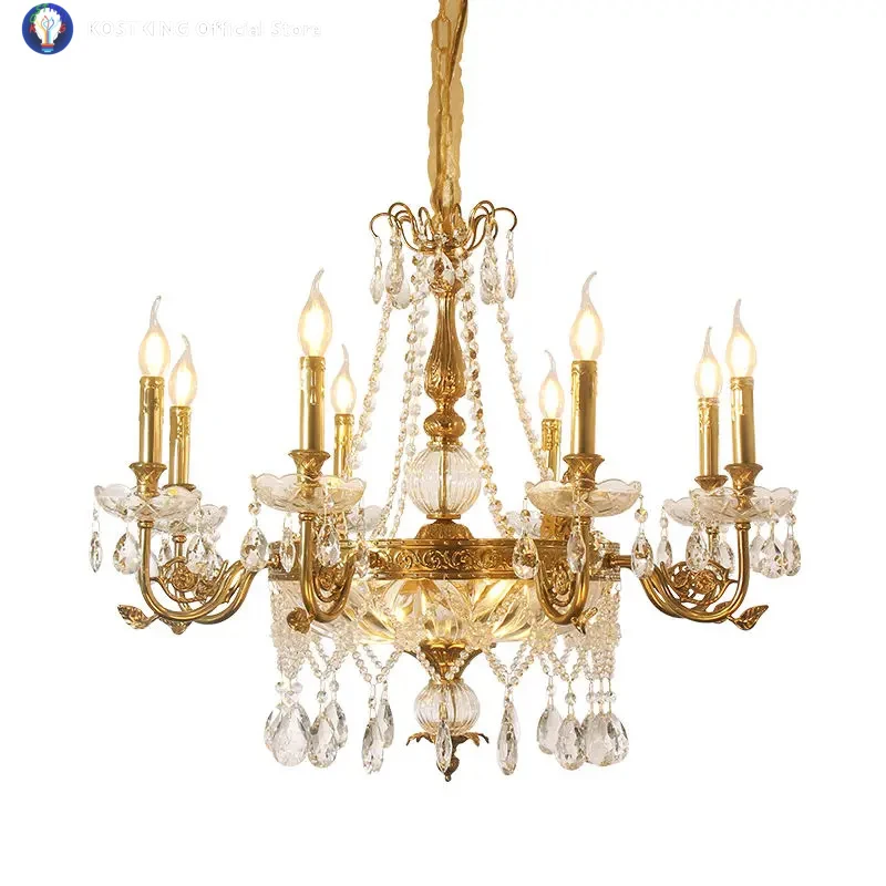 French Copper Chandelier European Villa Living Room Antique Brass Crystal Pendant Lights