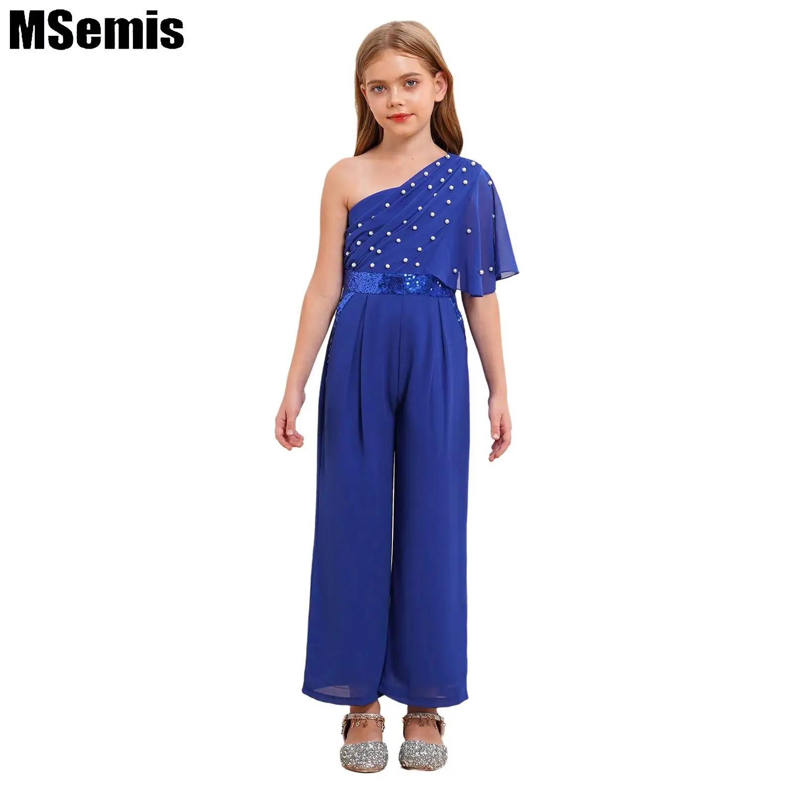 

Girls Wedding Jumpsuit One Shoulder Fake Pearls Sequin Embellished Ruffled High Waist Jumpsuit with Pockets for Party