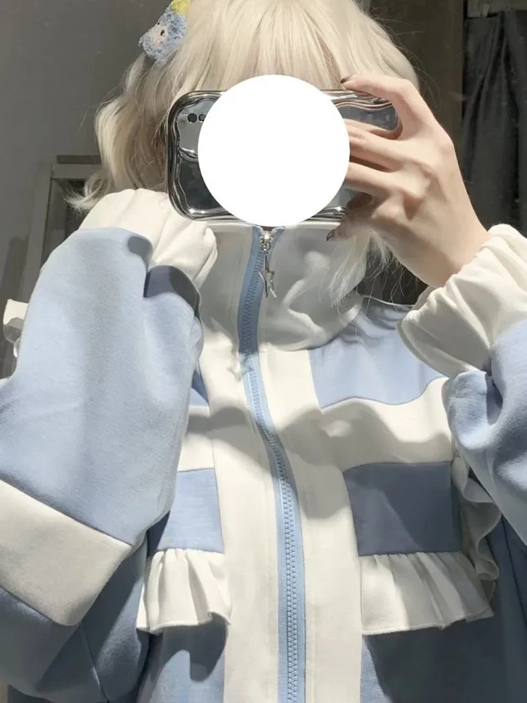 اليابانية كشكش البريدي بلوزات المرأة الحلو Preppy فضفاض المرقعة لوليتا معاطف ربيع الخريف لطيف كم طويل Harajuku شيك القمم #3