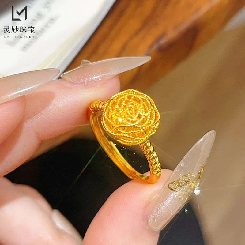 

Women's Rose Gold Ring, 24K Gold, AU999 | Solid gold 3D rose with diamond-tipped petals, "Rose" engraving inside.