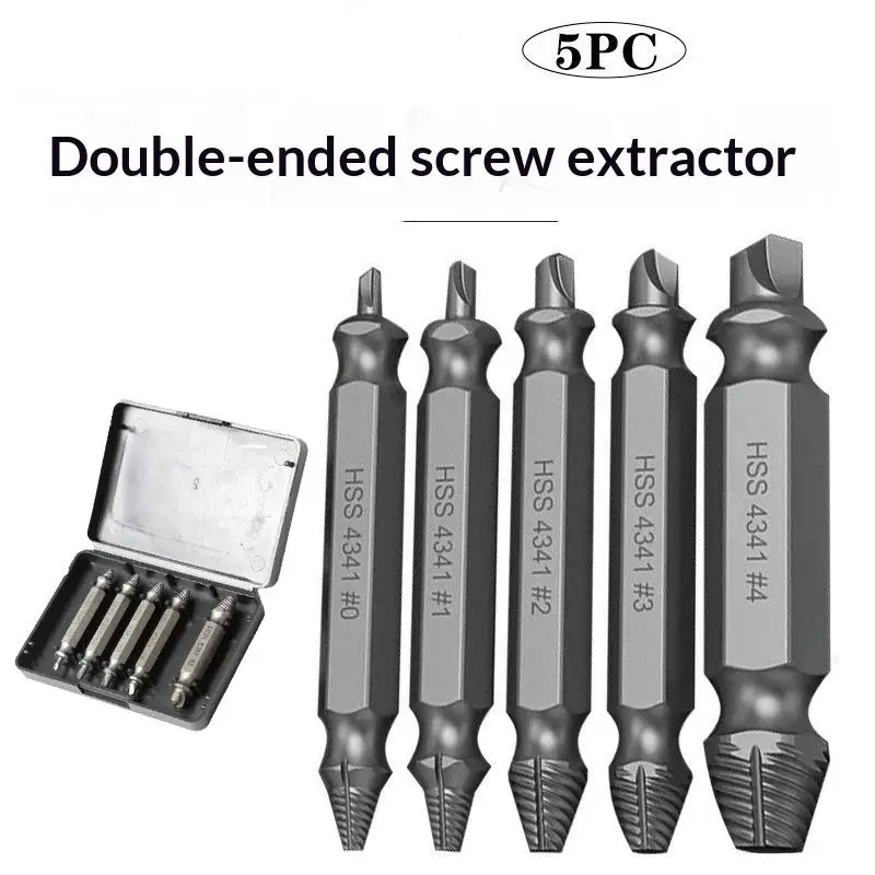 5Pcs Screw Extractor Set Broken Damaged Bolt Remover Double Ended Drill Bit Tool Kit For Stripped Rust Screw Removal
