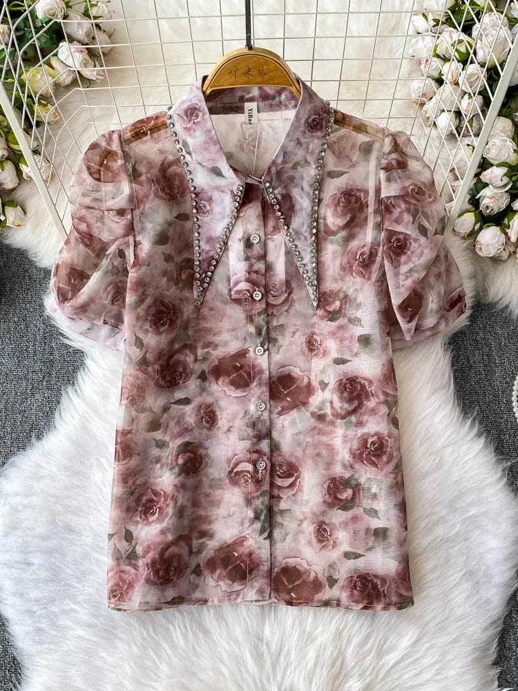 

Heavy Embellied Diamond Bubble Sve irt Women's Loose Fit Collar Printed Slimming Top Korean Sle Commute Faion