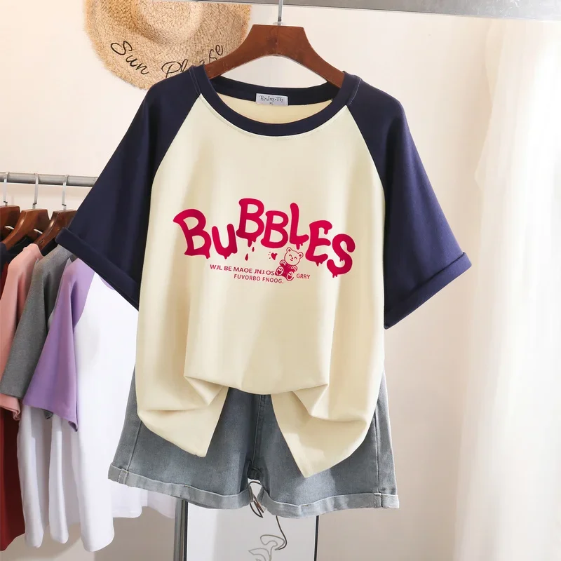 Ebaihui-女性の半袖Tシャツ,綿100% の服,大きいサイズのプリント,パッチワーク,夏のスタイル,ラウンドネック,オーバーサイズ,L-3XL