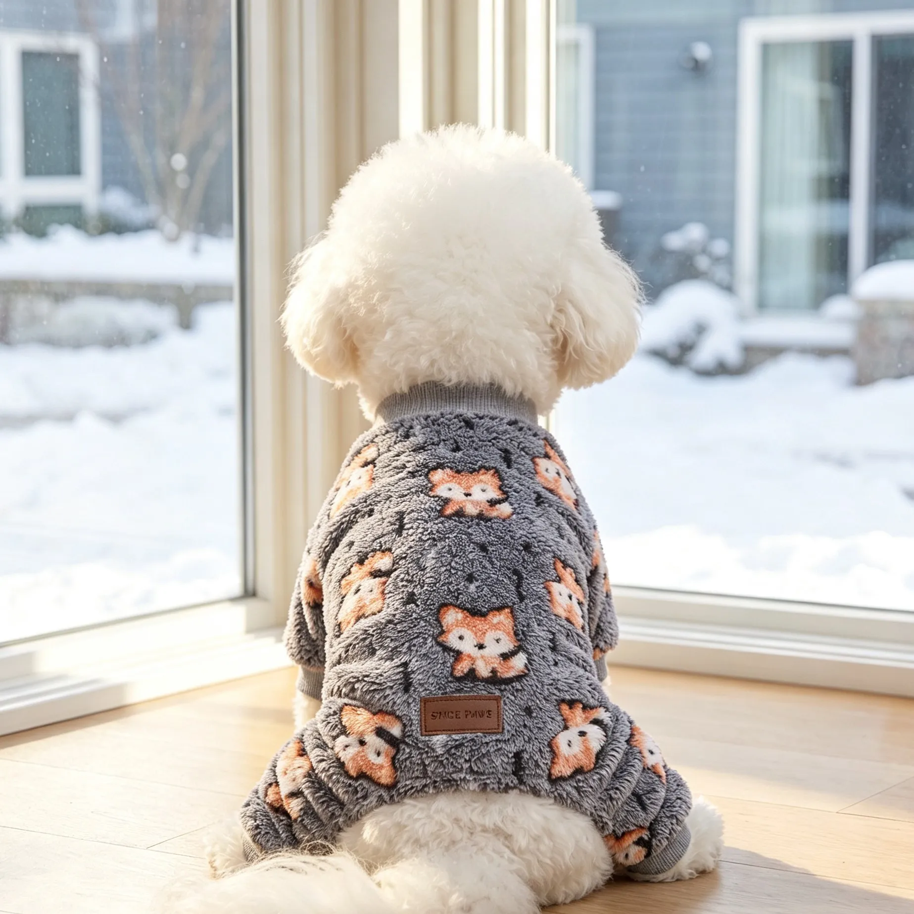 Hundemantel mit vier Beinen, niedlicher, dreidimensionaler Flanell-Plüsch-Overall mit Schneemann- und Fuchs-Cartoon-Motiv, weicher und dicker Schlafanzug. – Detail 13