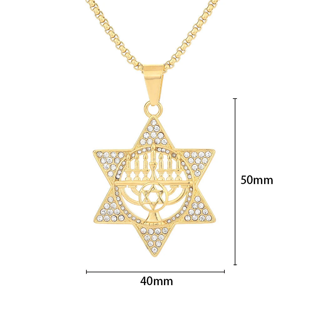 Religious Candlestick Star of David Hexagram Pendant Gold Color Stainless Steel Zirconia Necklace for Women Men Jewish Jewelry