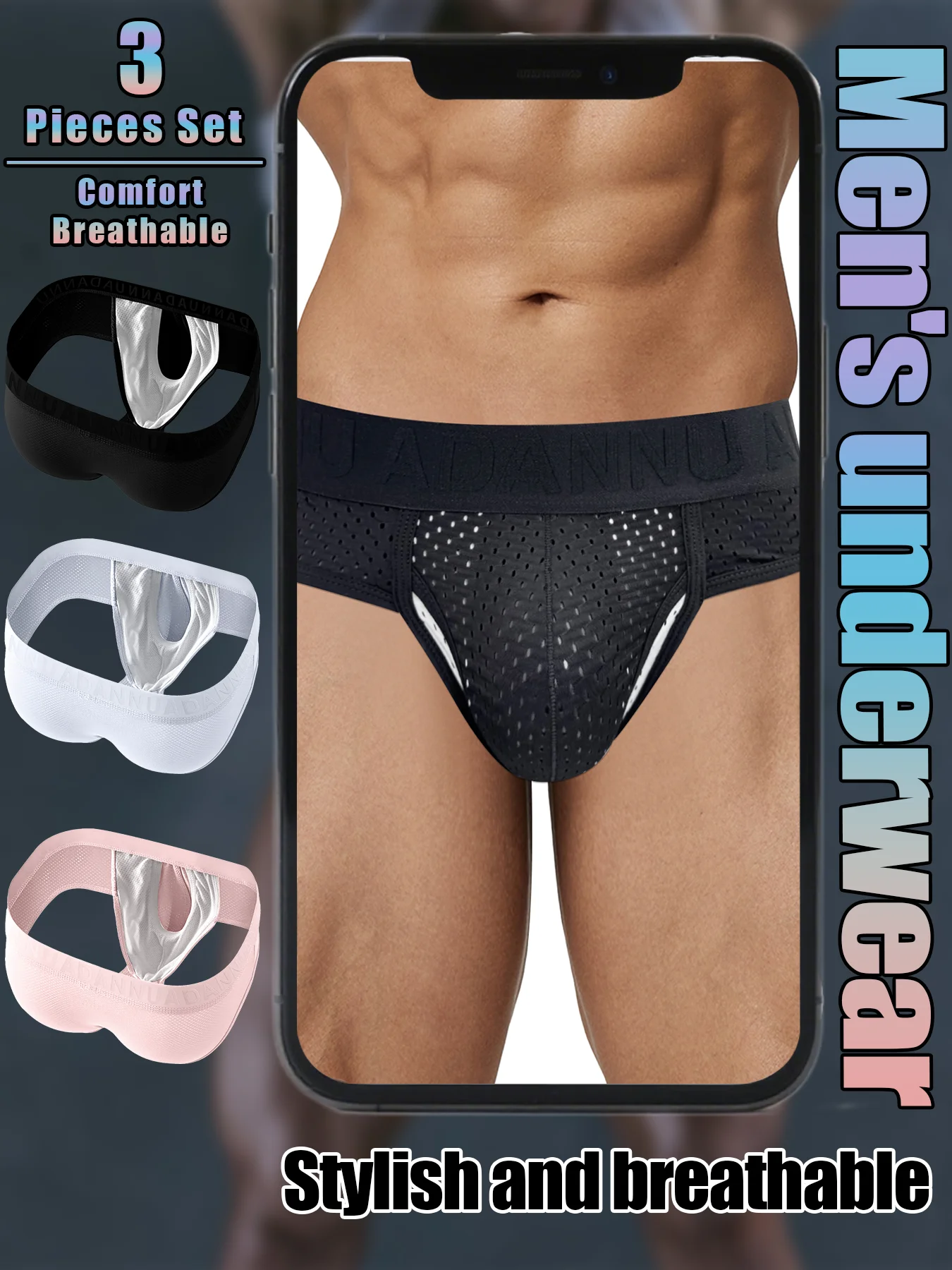 

Мужские трусы из трех предметов — сексуальный дизайн с отдельной сумкой, быстросохнущее сетчатое, дышащее и впитывающее пот нижнее белье