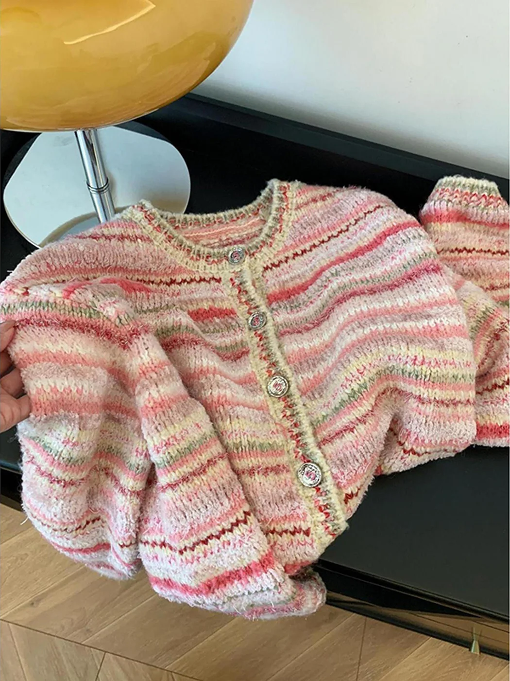 고급스러운 긴 소매 니트 오픈 가디건 여성용 패셔너블한 봄 가을 스타일 부드러운 중간 두께 프렌치 스타일 스트라이프 스웨터