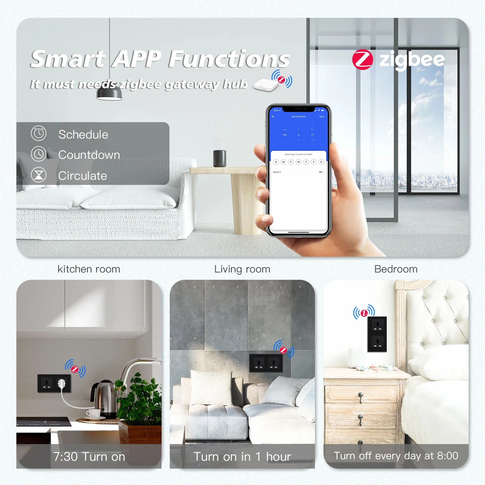 BSEED Zigbee Universal Smart Sockets Power Monitor Multifunction Power Socket Tuya Smart Life Alexa App Control Glass Frame