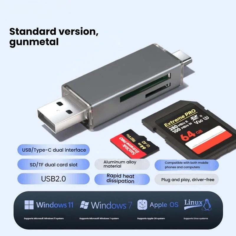 

Dual-Port (Type-C/USB 2.0) SD/TF Card Reader - 2TB Support, 5Gbps Speed, Plug & Play for Phone/PC/Mac