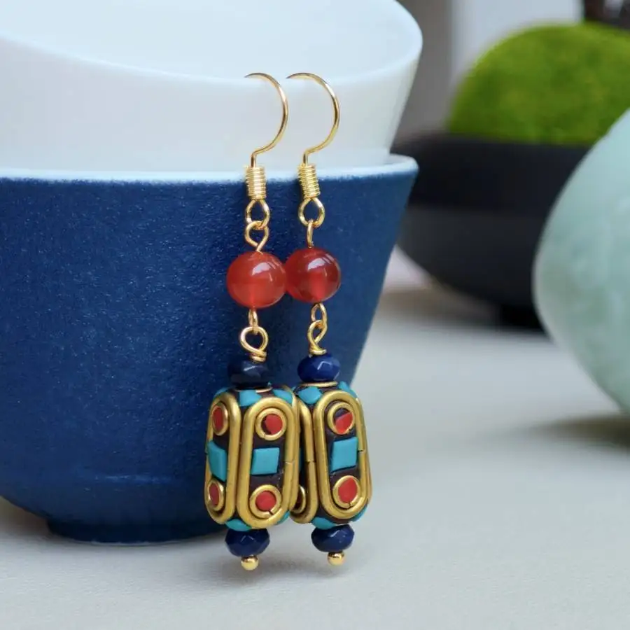 Women Tibetan Brass Inlay Red Agate Lapis Bead Dangle Earrings Gold Hook Drop Earrings Vintage Ethnic Bohemian