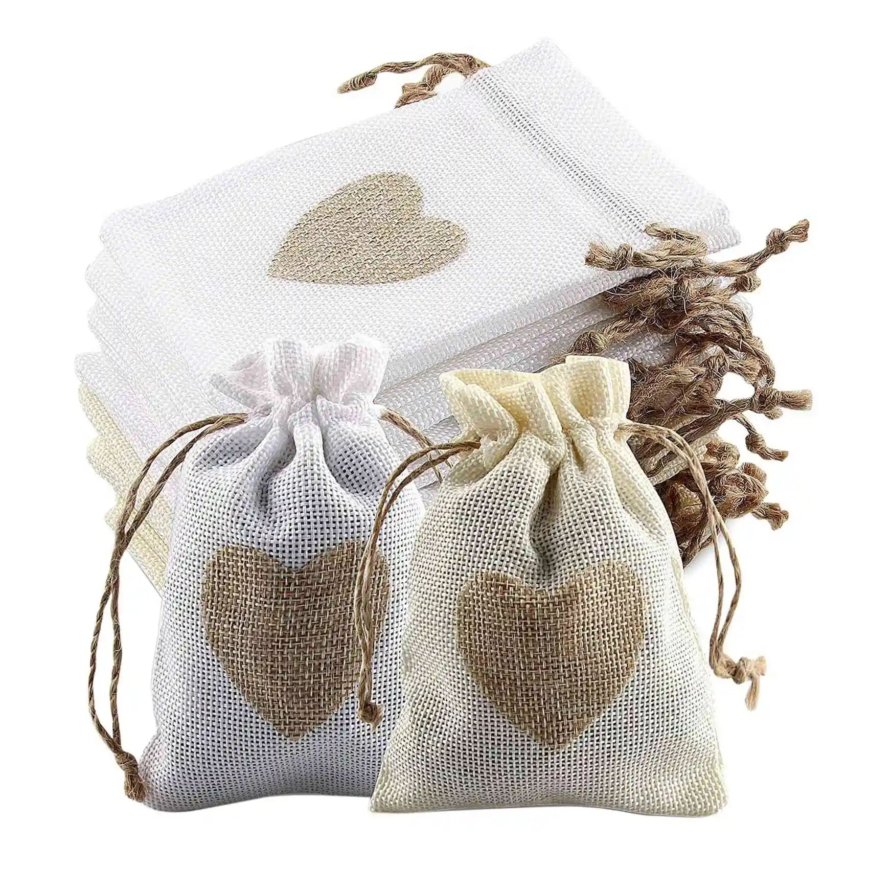 24Pcs Burlap Pouches with Drawstring and Heart Pattern Candy Gift Bag Jute Pouch Baptism Bag Wedding for Stuffing Bag