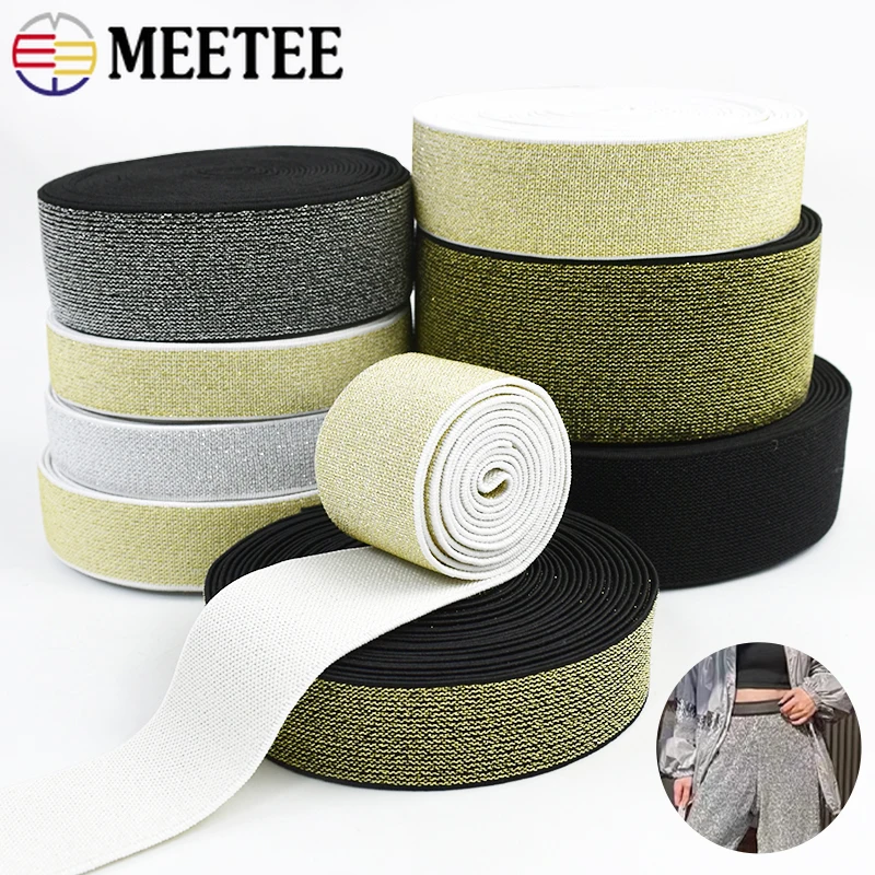 

5/10M Meetee 10-50mm Gold Silver Elastic Band Stretch Webbing for Belt Waistband Clothes Elasticity Tape DIY Sewing Accessories