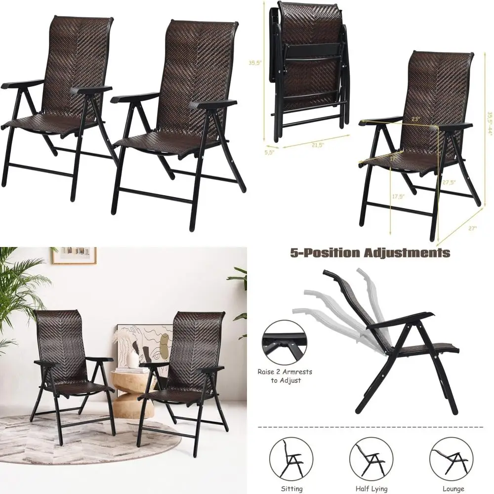 

Two-Piece Outdoor Rattan Folding Reclining Chair with Wider Armrests, Portable for Camping and Relaxation