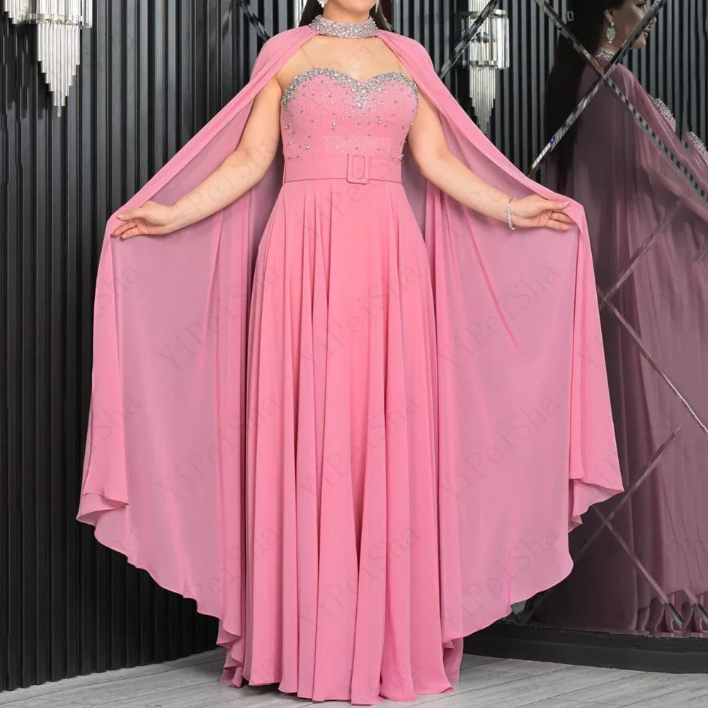 

Customized A-Line Prom Dresses Floor-Length Strapless Sleeveless Evening Gown Fashion Crystal Beading Stole Sashes Party Gown