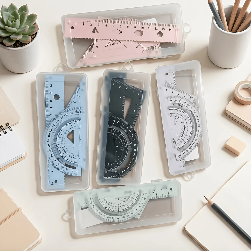 Multifunctional Metal Geometric 15cm Ruler Set, Straight Triangle Protractor Tools with Storage Box, 4Pcs for School Carpentry