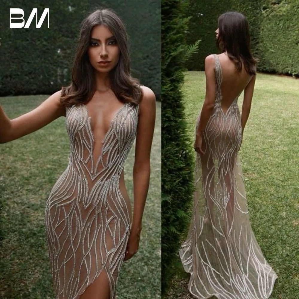 Sexy profundo decote em v vestido de noite ilusão sem costas vestidos de baile celebridade 2025 miçangas lantejoulas vestido personalizado robe de soriee