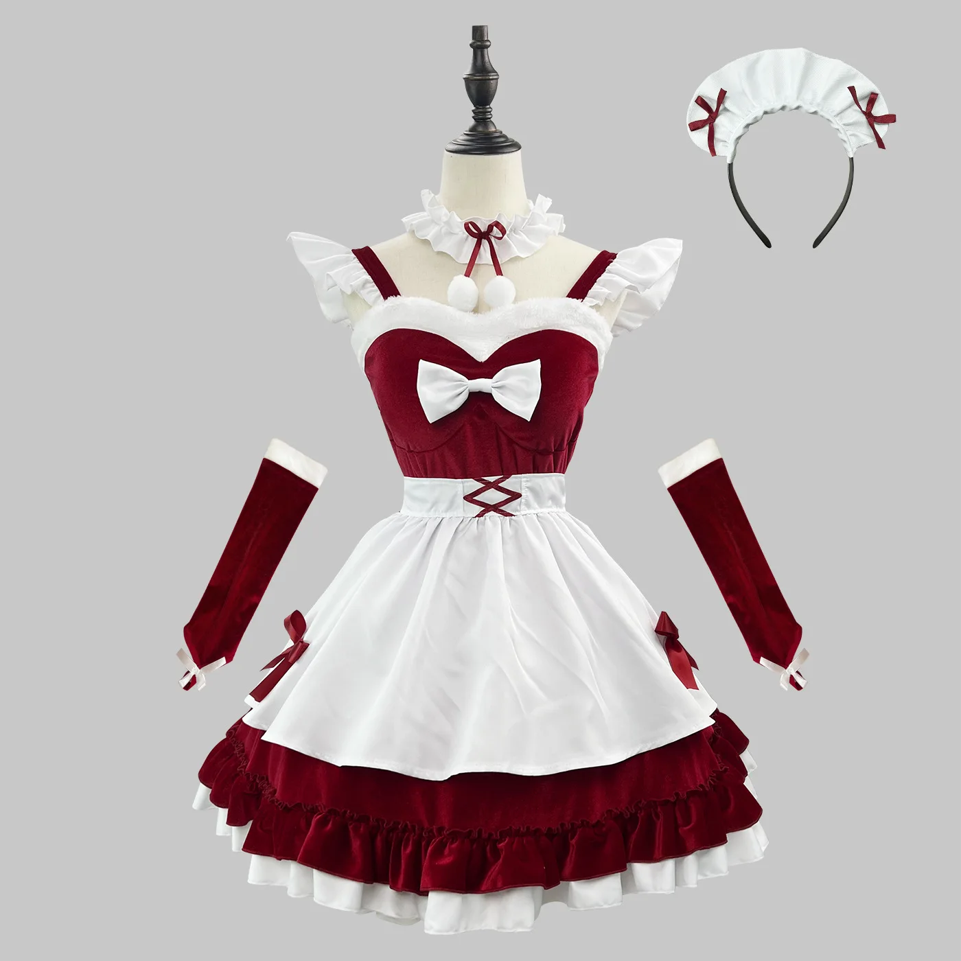 S -5XL Sexy Christmas Lolita Maid Dress Costume Cosplay Claret New Year Dress Suit for Maid Halloween Maid Party Costume