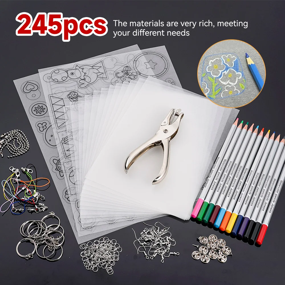 

145/198/245Pcs Shrinky Art Paper Heat Shrink Sheet Plastic Kit Hole Punch Keychains Pencils DIY Color Lead Manual Heat Material