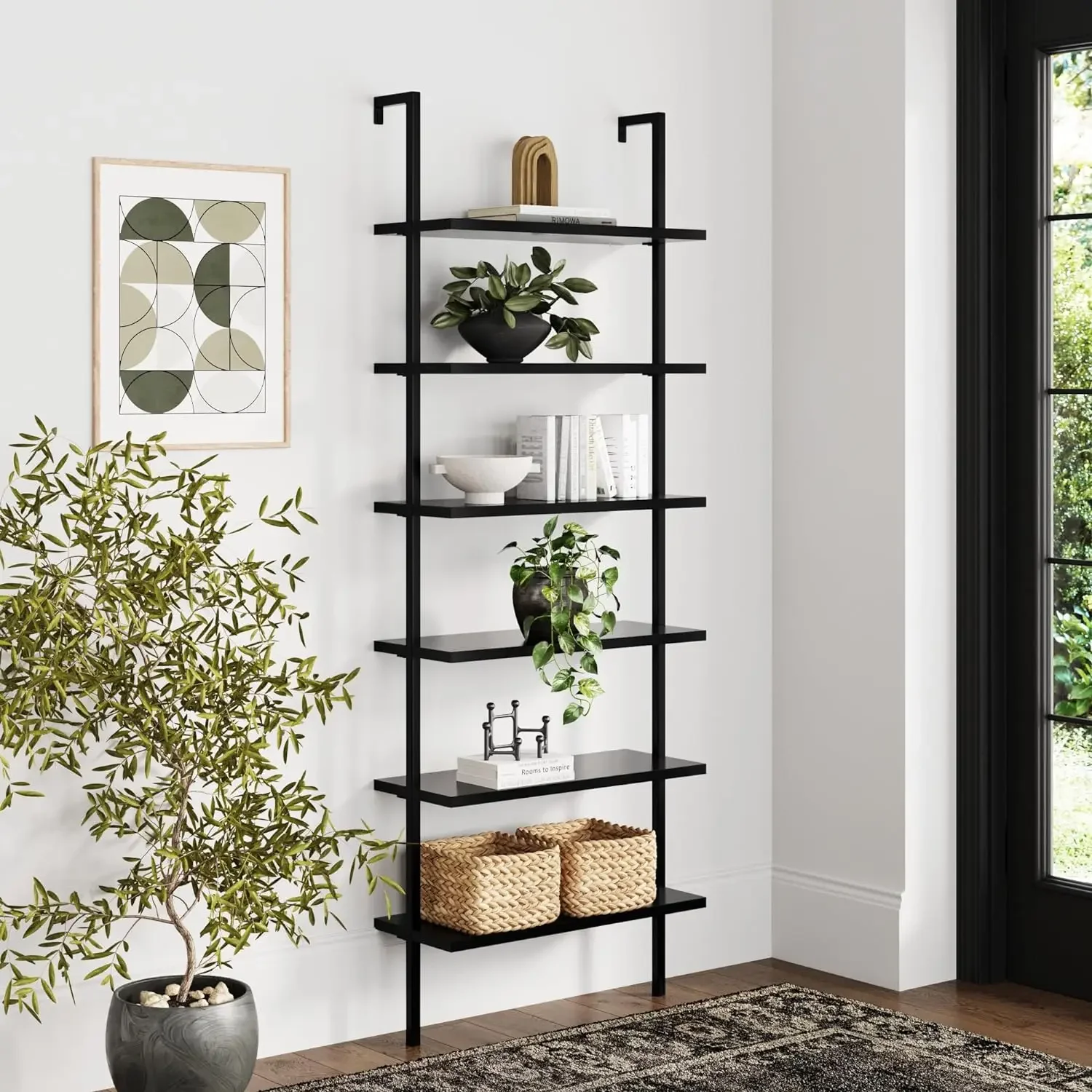 Theo 6-Shelf Tall Bookcase, Wall Mount Bookshelf Wood Shelves and Metal Frame, Matte Black