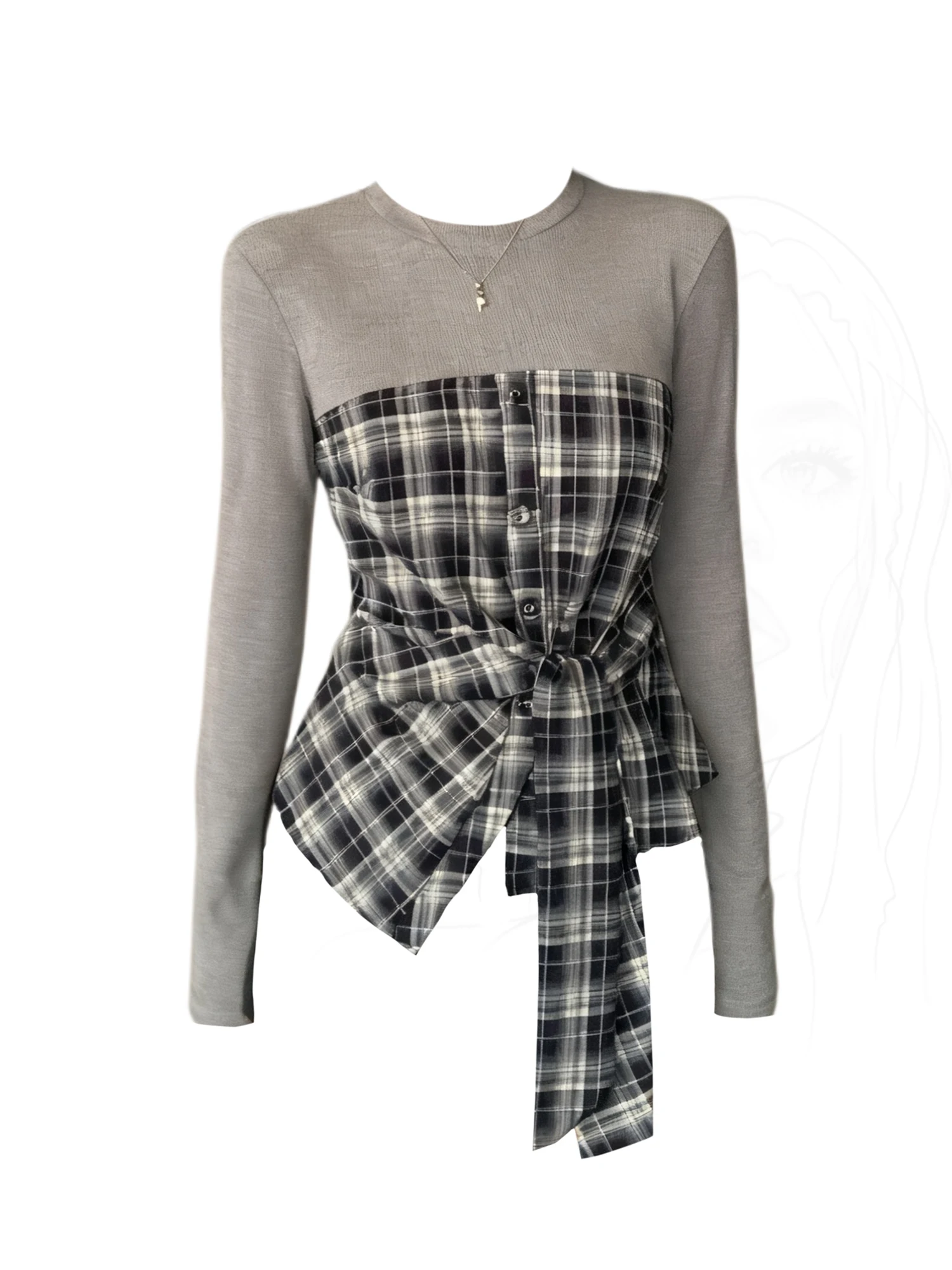 Women's Grey Y2k Plaid Patchwork T-shirt Vintage Aesthetic Harajuku Gyaru 2000s Tee Top Long Sleeve Lace-up T-shirts Autumn 2025