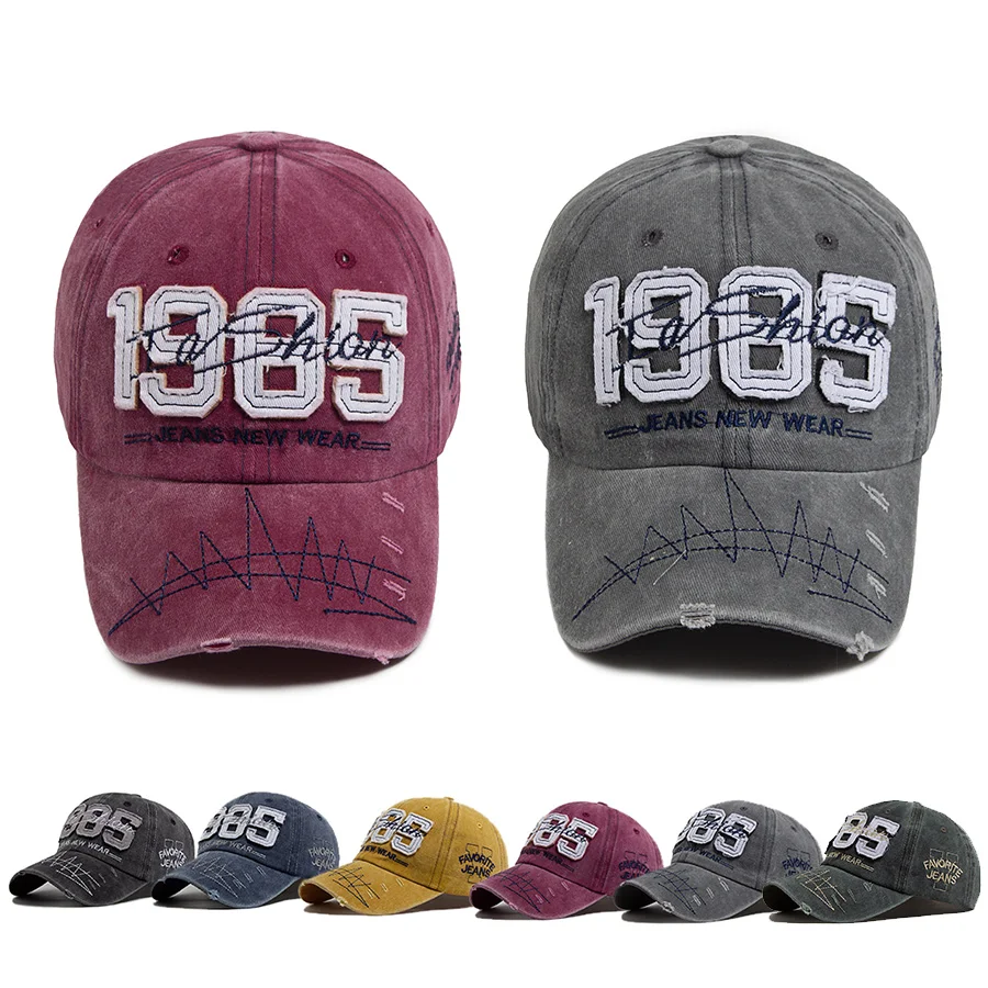 Big Digit 1985 Baseball Cap Men Fashion Visor Hip Hop Hat Vintage Washed Cotton Embroidery Snapback Adjustable For Spring Autumn