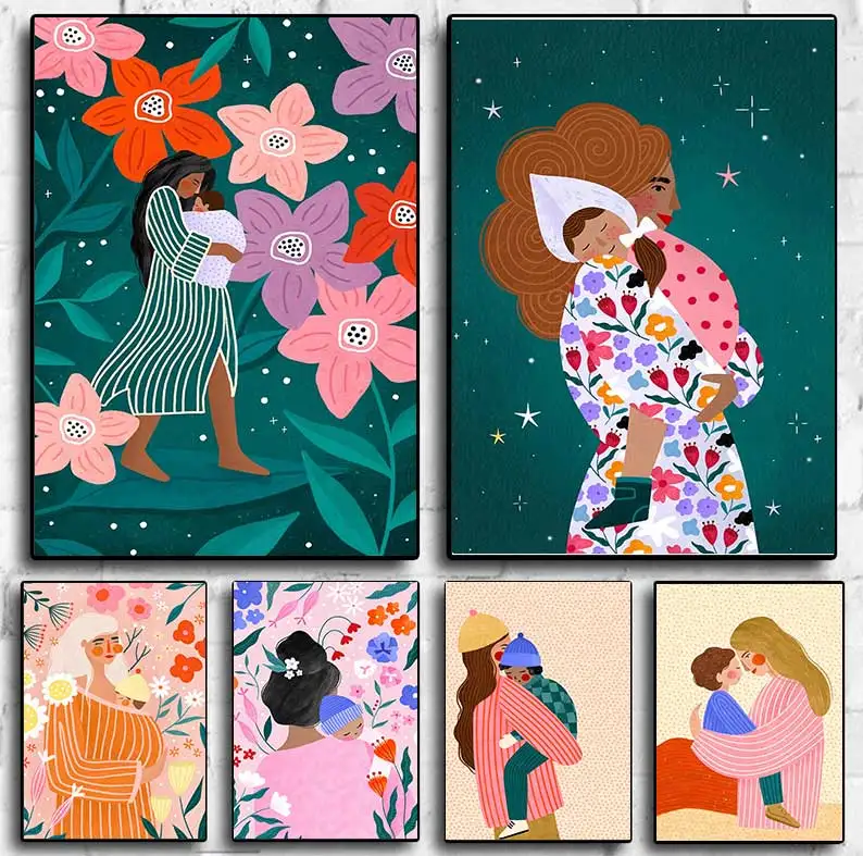 Young Mum Poster Maternal Love Floral Minimalist Wall Art Print Canvas Painting Posters for Living Room Modern Home Decor
