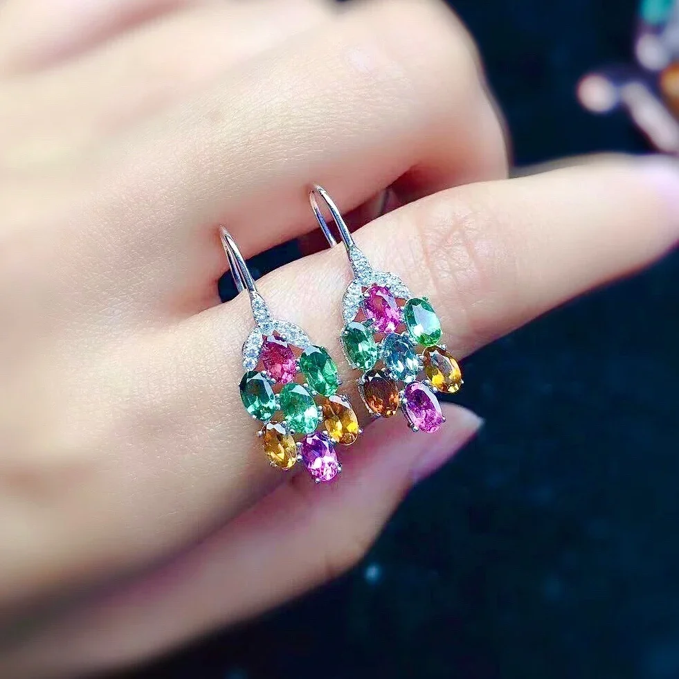 Total 3ct Multi Color Tourmaline Drop Earrings 3mm*5mm Multicolor Tourmaline 925 Silver Earring for Party