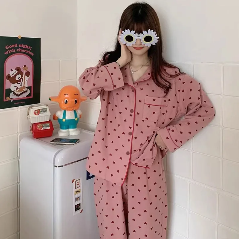 New Ins Loose Casual Pajamas for Women, Simple and Sweet Long Sleeved Cardigan Pjs for Girls, Home Two-piece Pajamas for Women