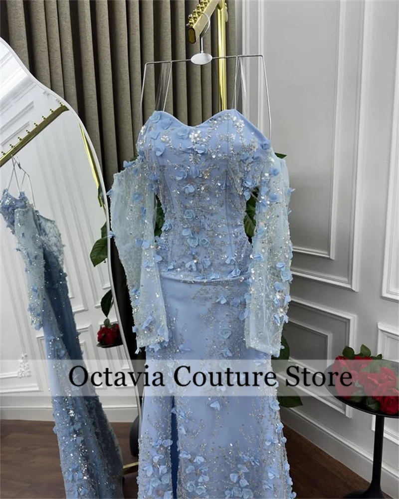 Arabia Saudí cielo azul fuera del hombro vestido de noche de flores 3D diamantes de imitación brillantes vestido de fiesta vestidos de noiva personalizado فستان و