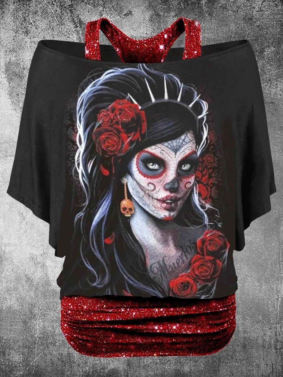 PLstar Cosmos 3D Printed Horror Skull Pattern Faux Two-Piece Top Women's Casual T-Shirt Harajuku Streetwear