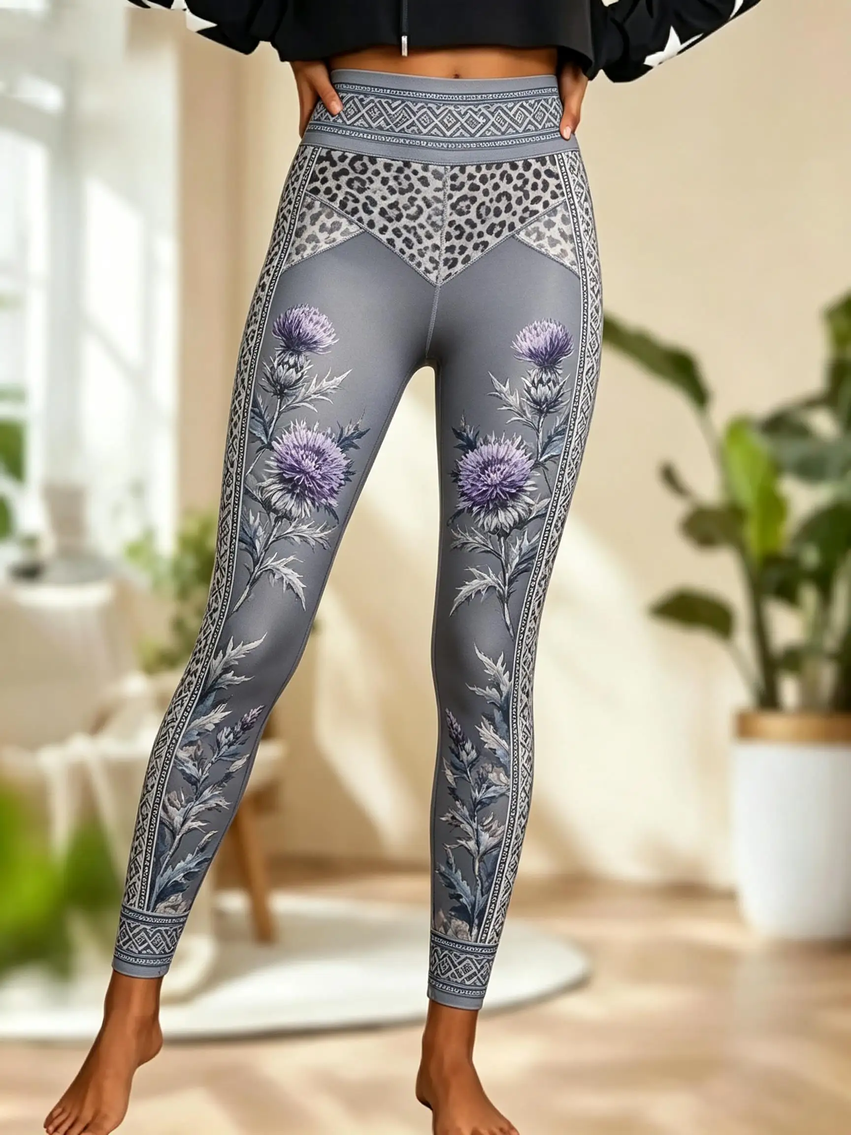 Women Fleece‑lined Mid‑rise Leggings Brown Leopard Waistband Red Rose Floral Vine Tribal Border Print Slim Stretch  Casual Pants