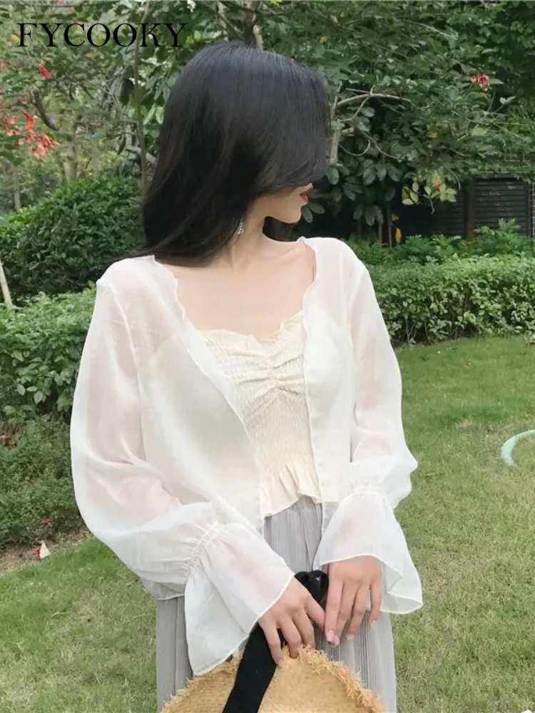 

Summer Cardigan Women Long-sleeved Solid Long Sleeve New Arrived 2025 Korean Casual Girl Chiffon Blouse Woman