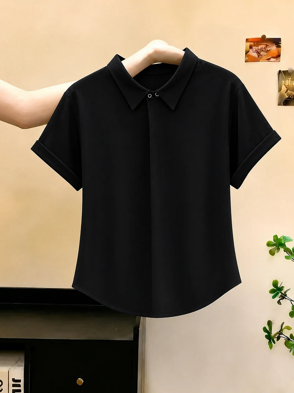

Korean Style Single Button Neck Short Sleeve Shirt Women's Skin-Friendly White Enhancing Fashionable Small Top