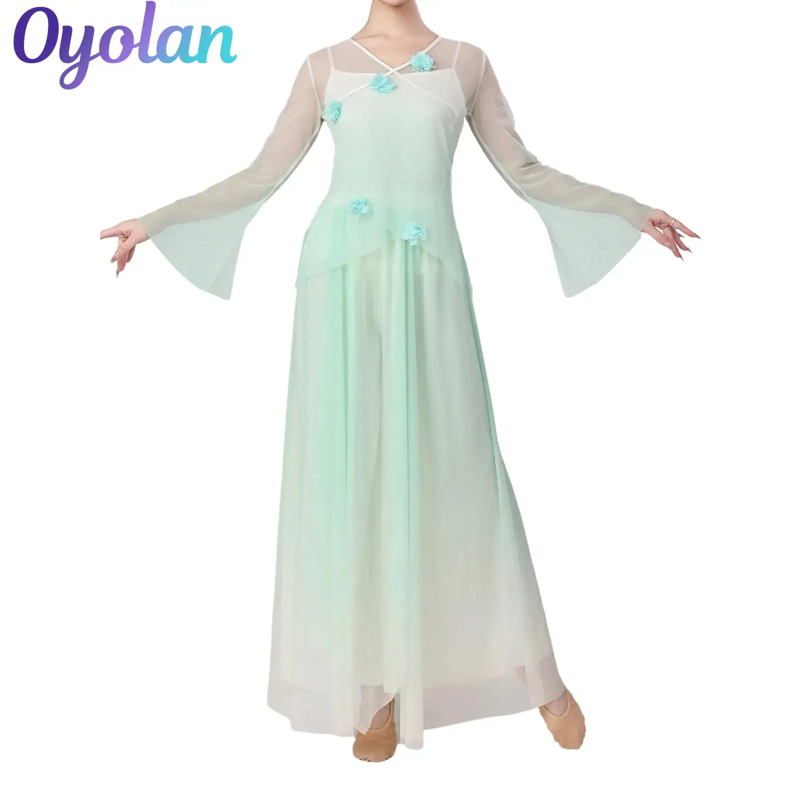 

Womens Oriental Classical Folk Dance Costume Flared Sleeve Top with Camisole And Loose Culottes Ancient Chinese Dance Outfit