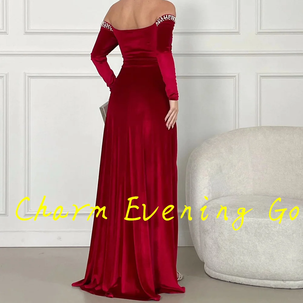 Floor Length Side Slit  Strapless Evening Dress Velvet Long Sleeves Pearls Special Occasion Gowns Photo Color Elegant and Sexy