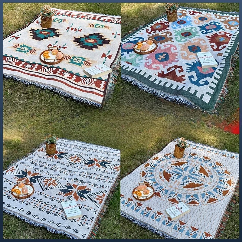 

Cotton Camping Mat Waterproof Picnic Blanket Bohemian Knitted Outdoor Rug for Tent Beach Lawn